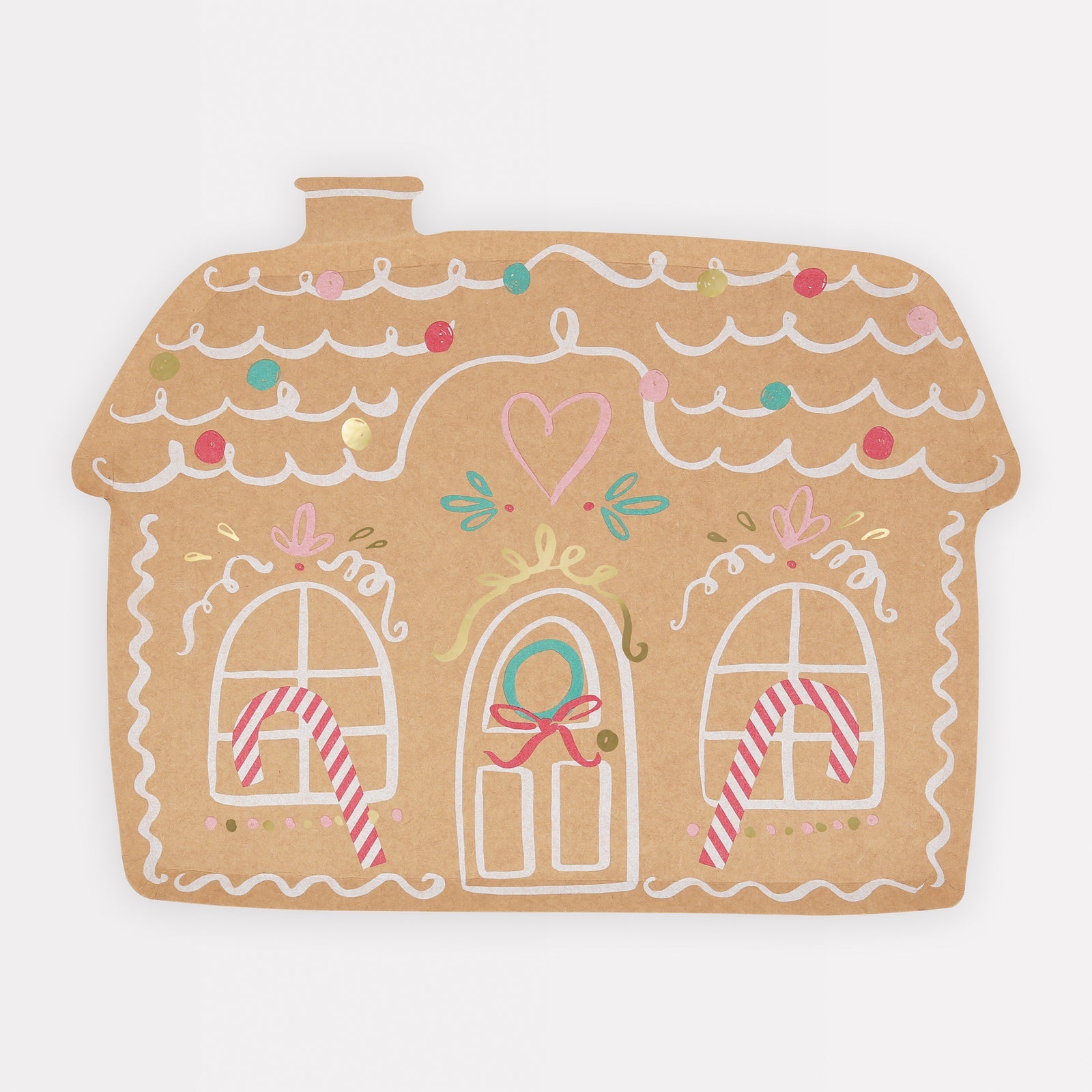 Decorative gingerbread house-shaped paper plate with colorful details on a white background.