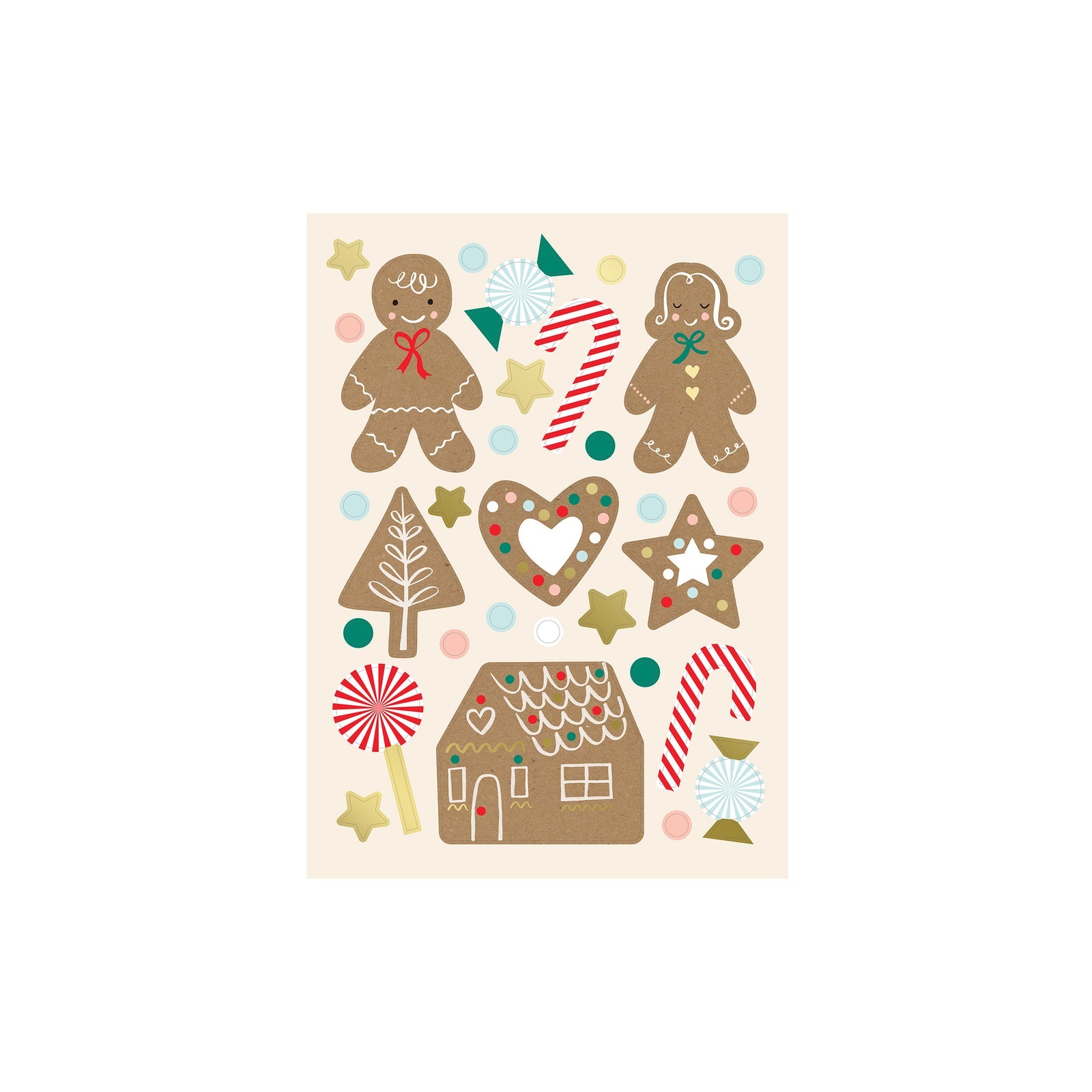 Set of Christmas-themed stickers featuring gingerbread men, trees, and a house on a beige background.