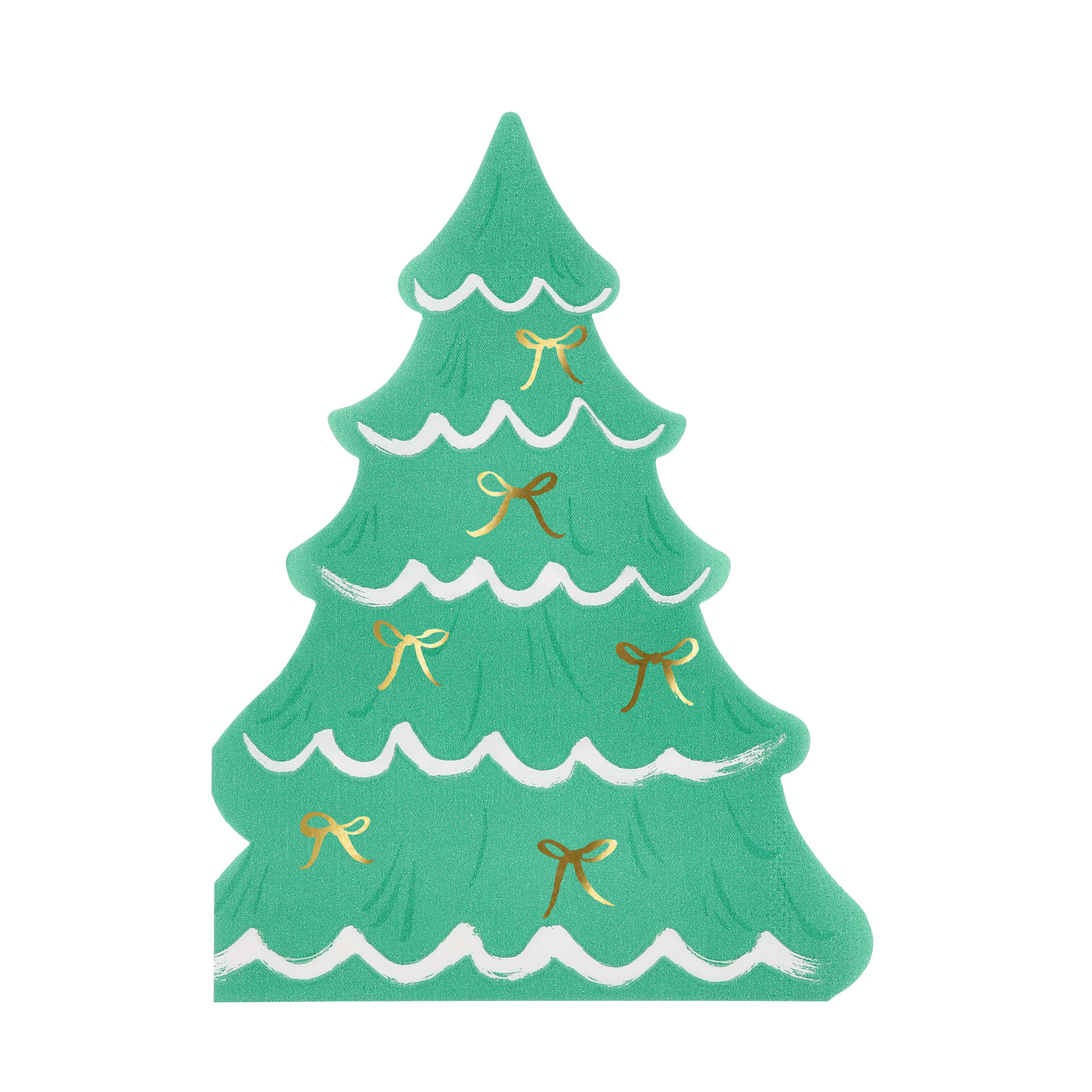Green Christmas tree napkin with gold ribbons on a white background.