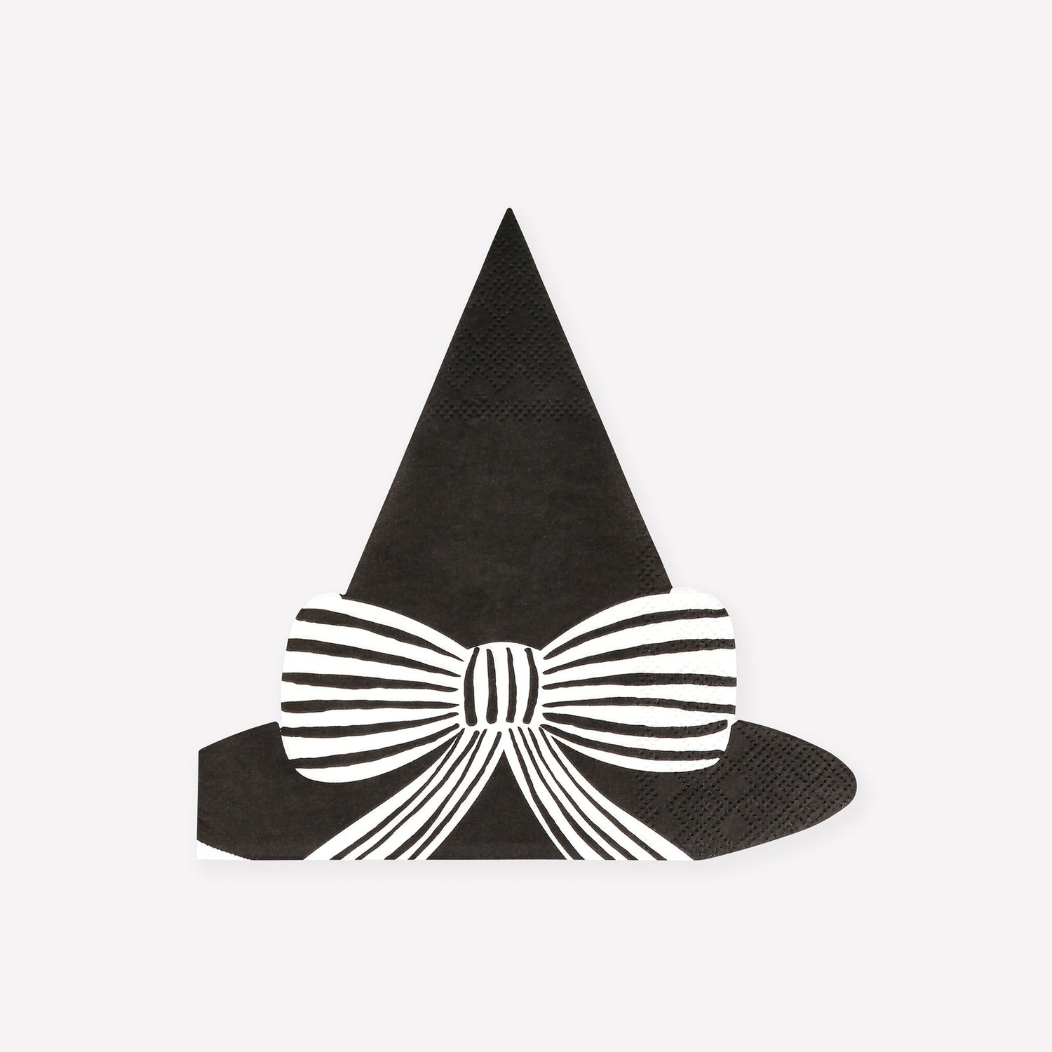 Black witch hat with a white bow on a white background. 