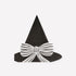 Black witch hat with a white bow on a white background. 