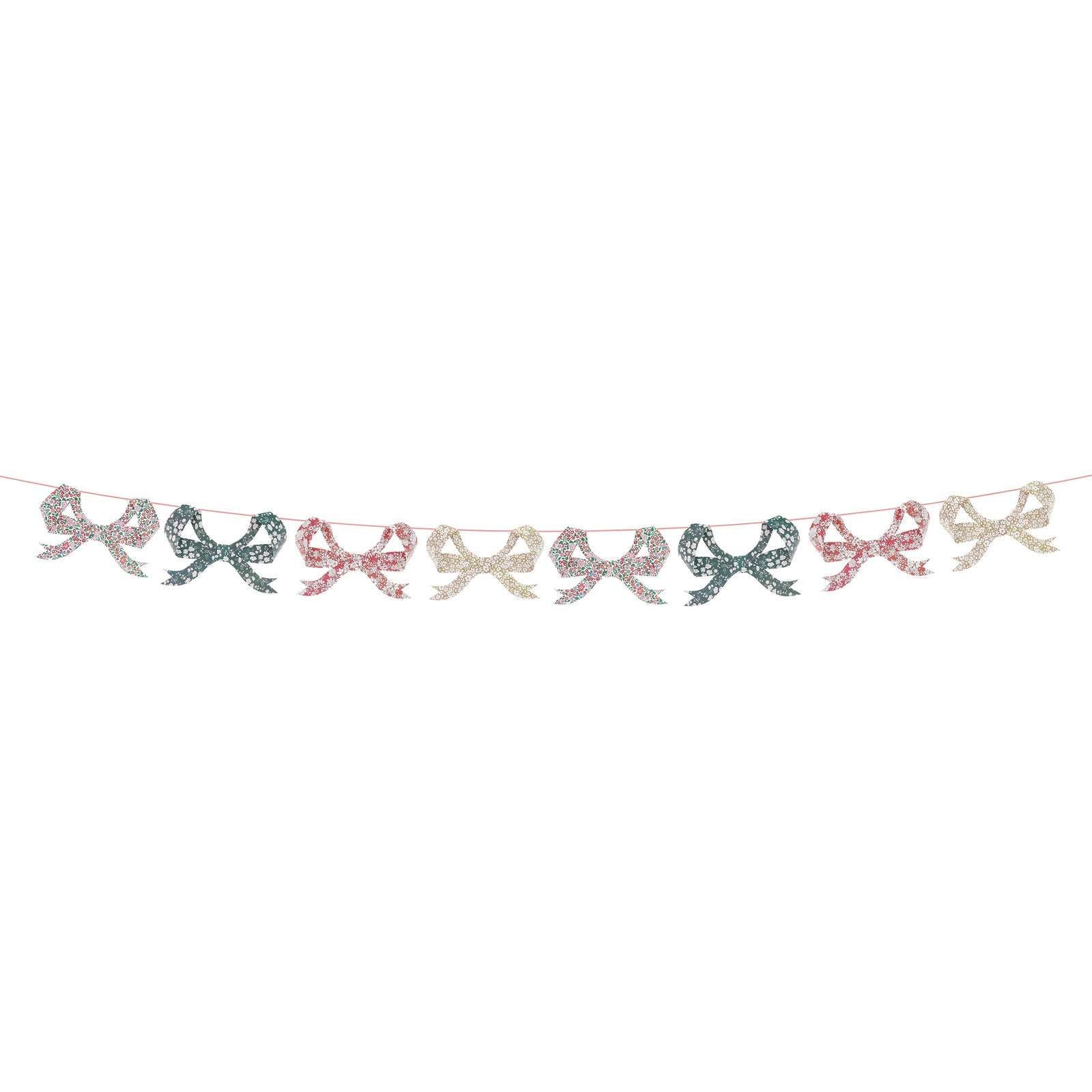 Decorative garland with Liberty of London printed bows on a white background.