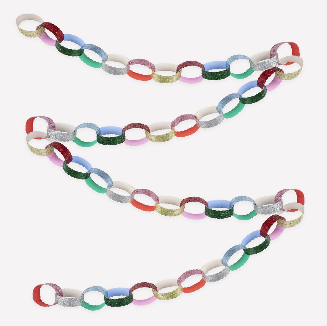 Colorful paper chain on a white background.