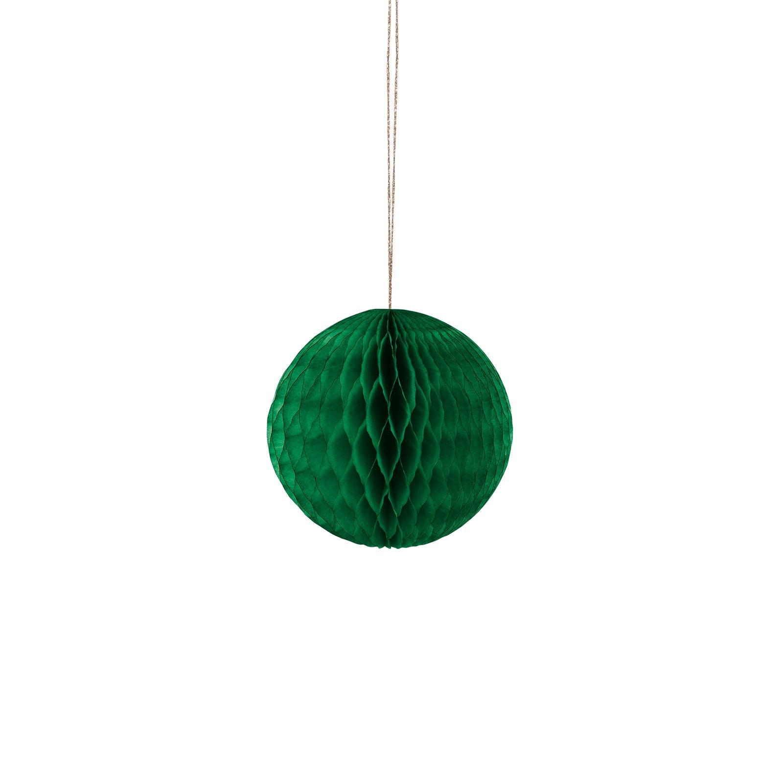 Green honeycomb ball hanging on a white background.