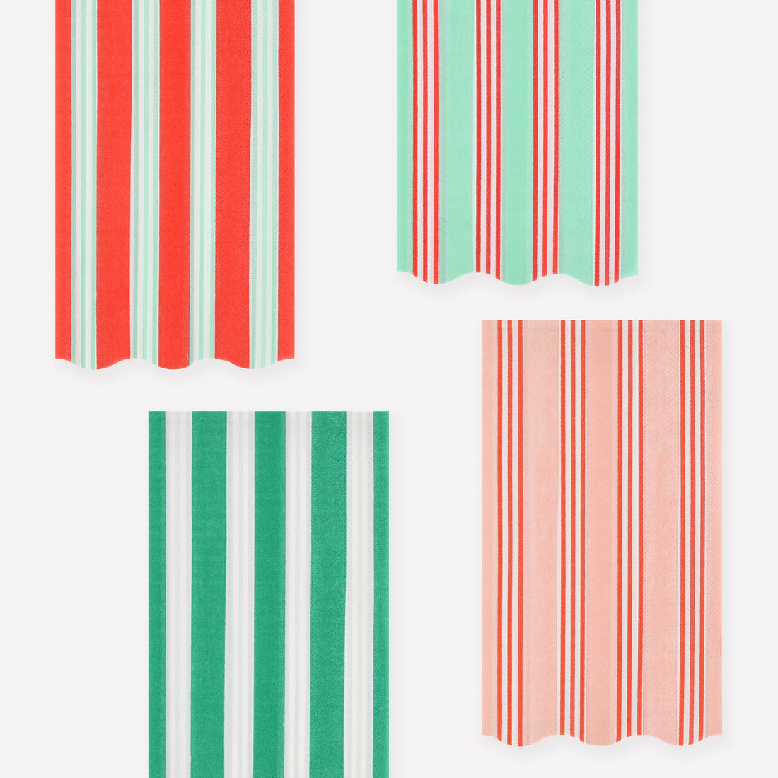 Set of four striped paper napkins by Meri Meri in red, green, and pink on a white background.
