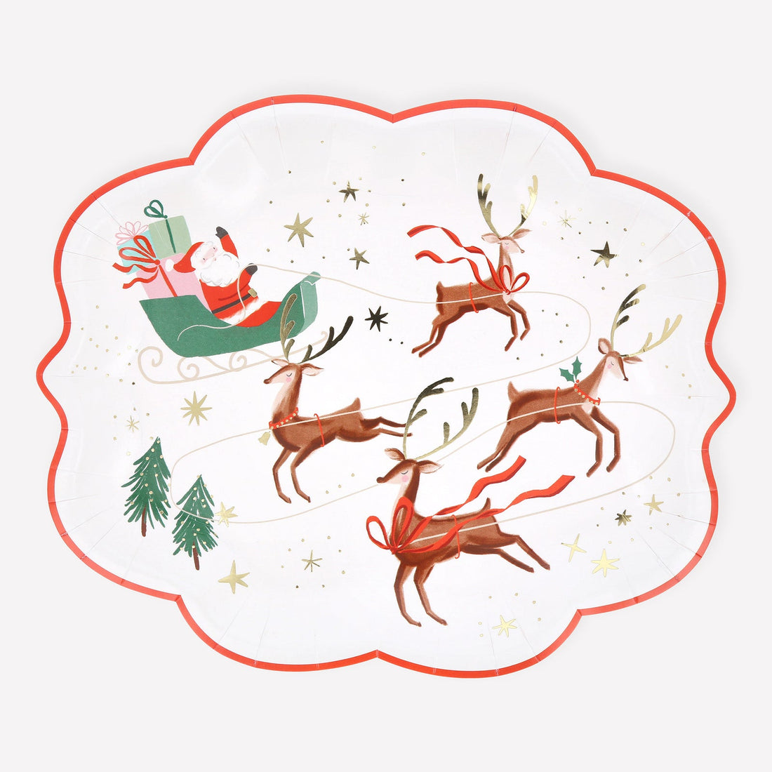 Paper plate with an illustration of Santa Claus in a sleigh with reindeer and Christmas trees on a white background.