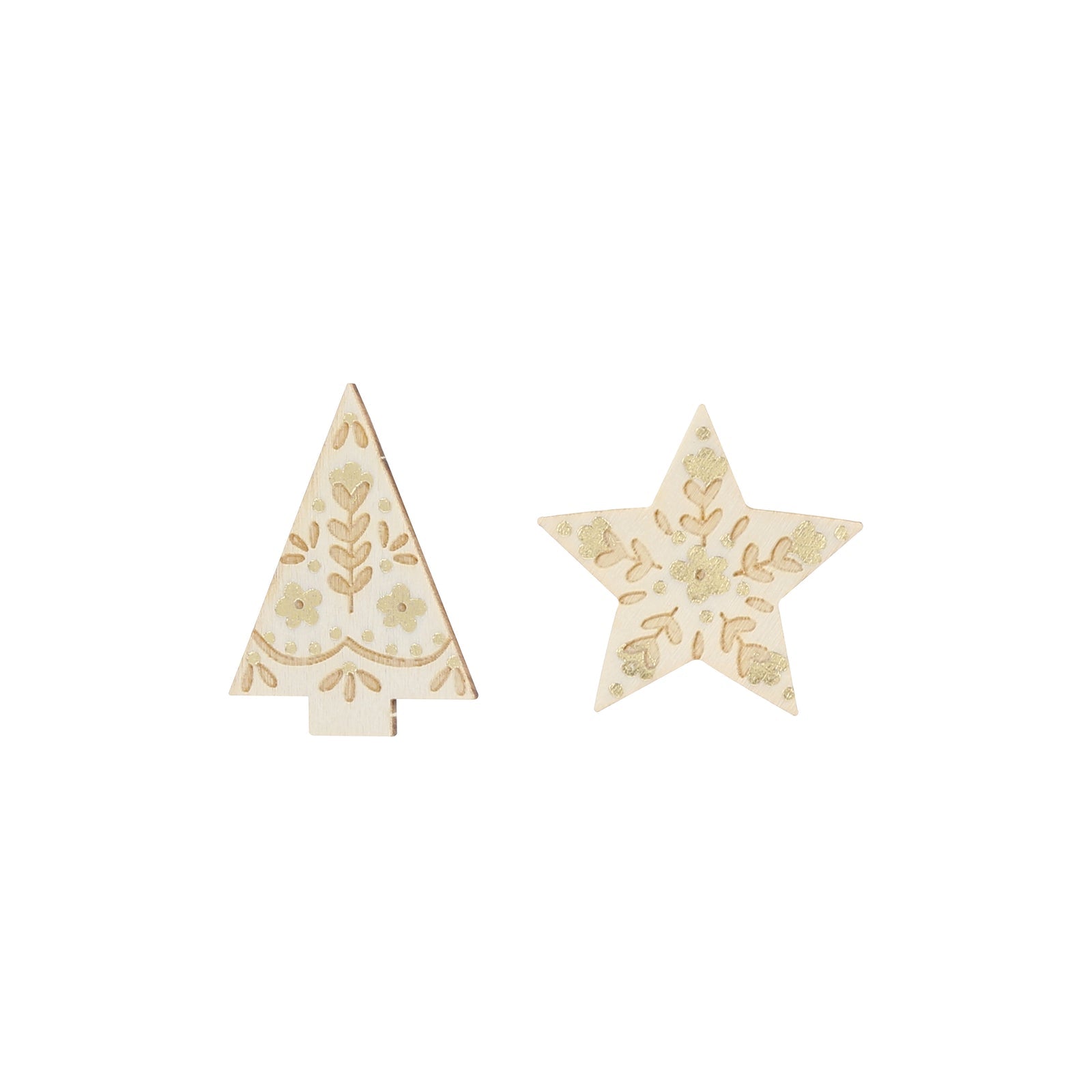 Decorative wooden tree and star with floral patterns on a white background.