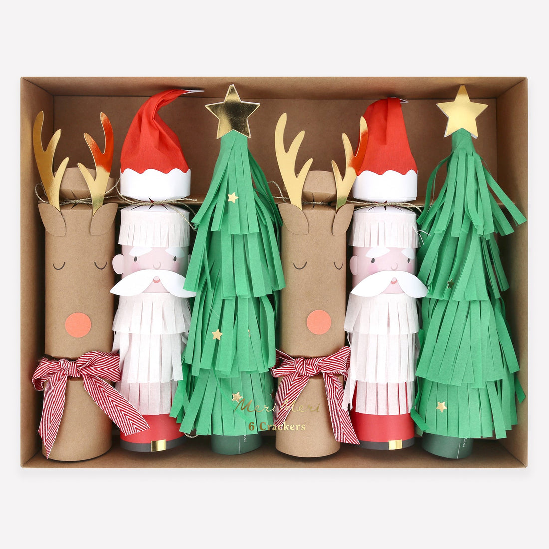 Set of Christmas-themed crackers in a box, including reindeer, trees, and Santa Claus designs.