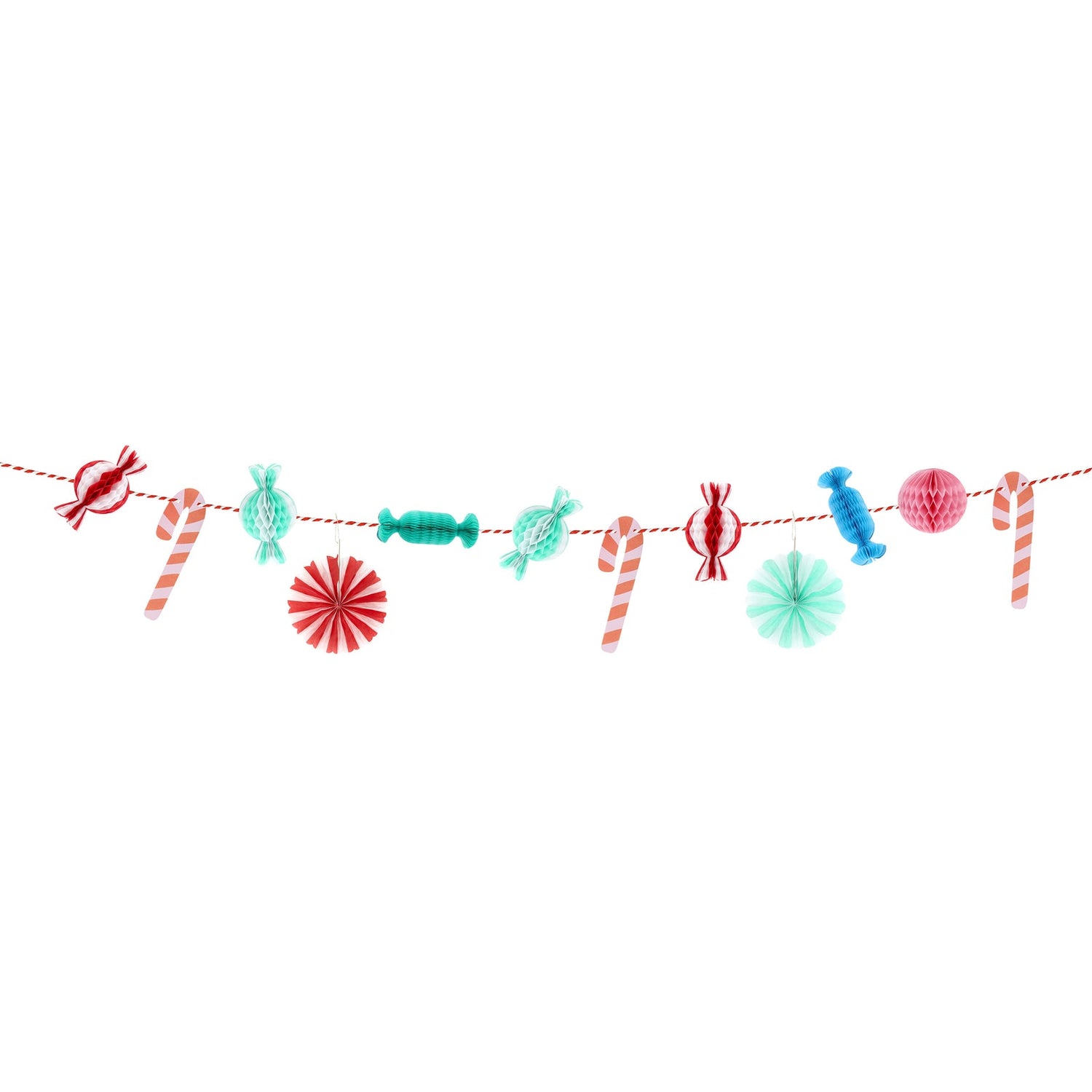Decorative string with colorful candy-themed ornaments on a white background.