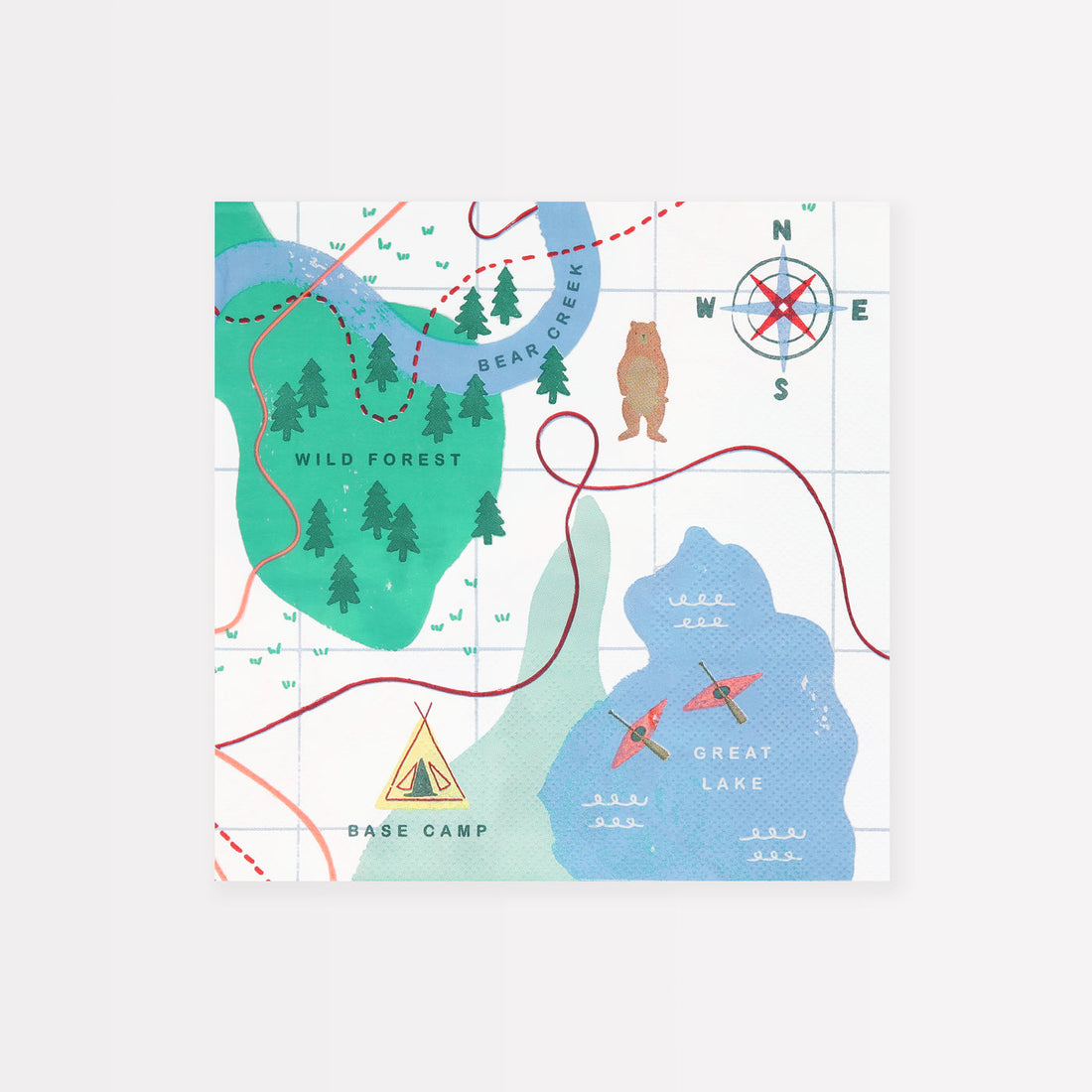 Meri Meri Camping Adventure Map Large Napkins with a map printed on them.