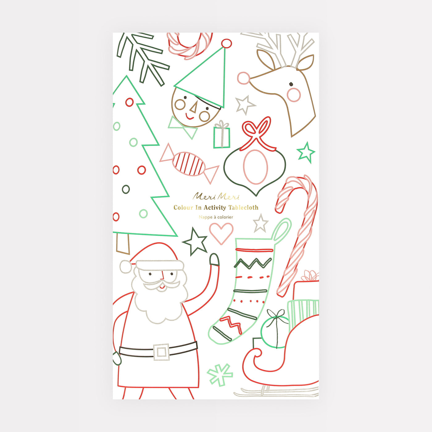 Coloring tablecloth with Christmas-themed illustrations on a white background.
