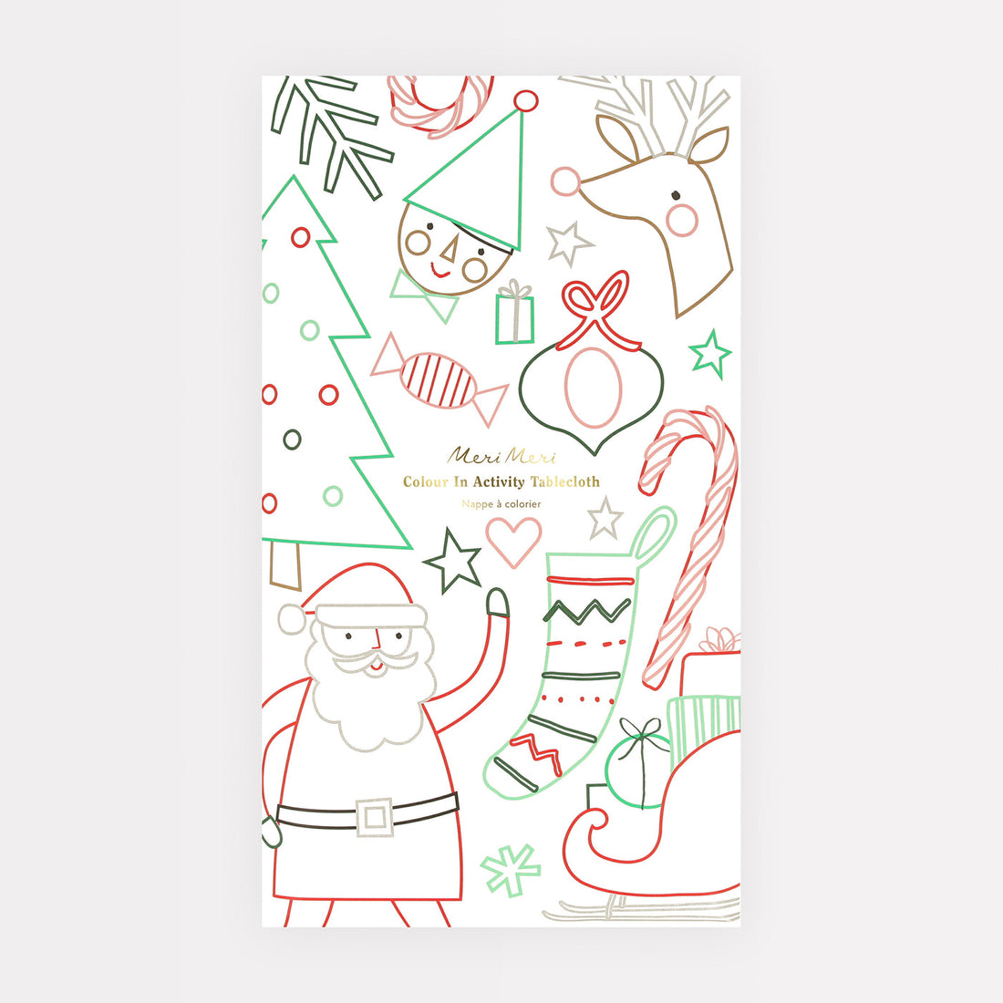Coloring tablecloth with Christmas-themed illustrations on a white background.