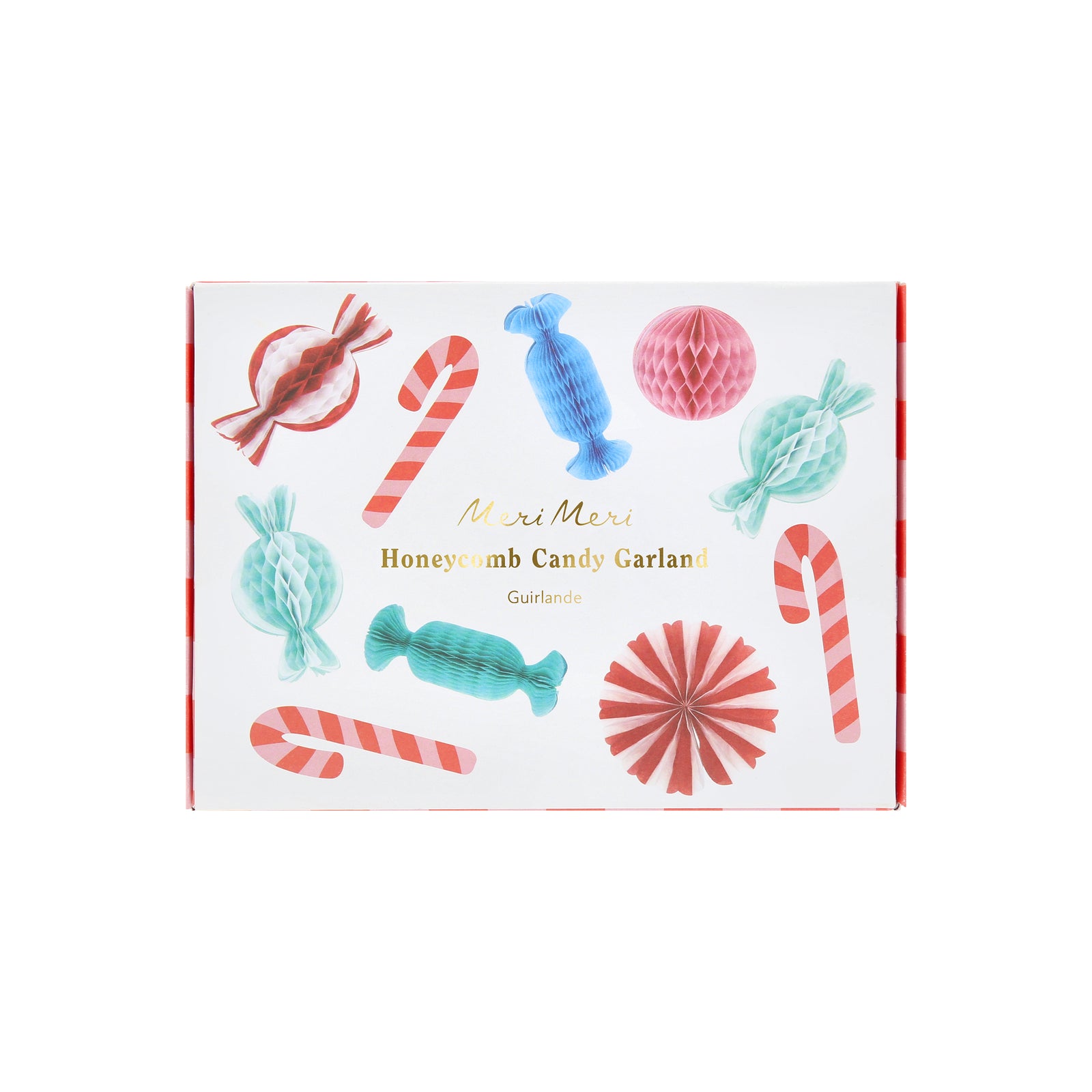 Box of Mimi Meri Honeyscomb Candy Garland with colorful candy illustrations on a white background.