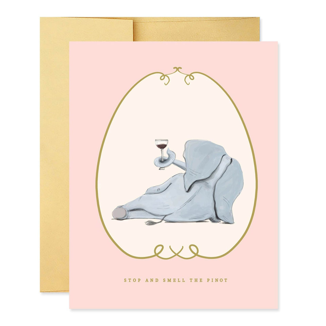 Stop and smell the pinot greeting card by Good juju featuring artwork depicting an elephant holding a glass of wine.