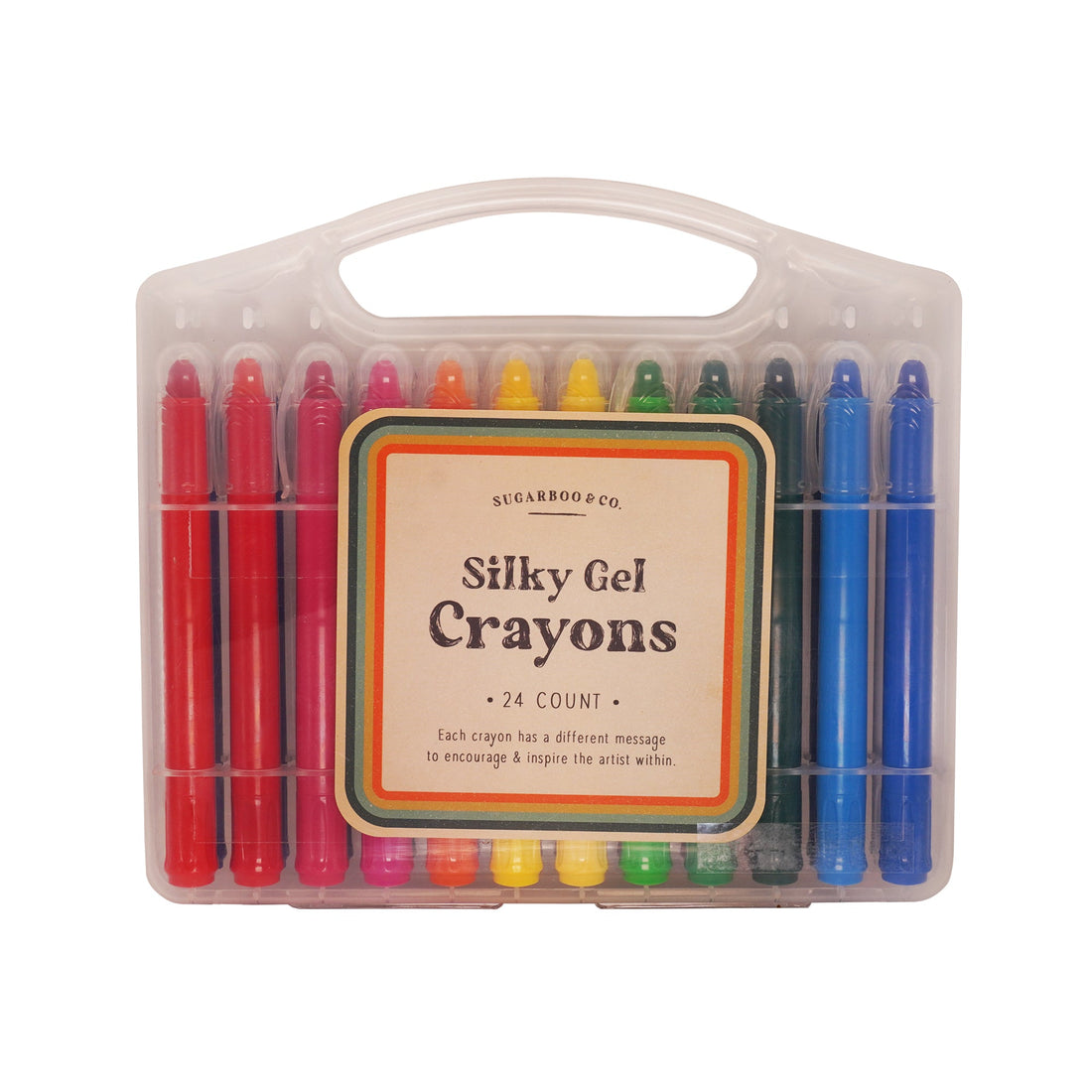 A pack of Silky Gel Crayons containing 24 colorful crayons, displayed in a clear plastic case with a label in the center.