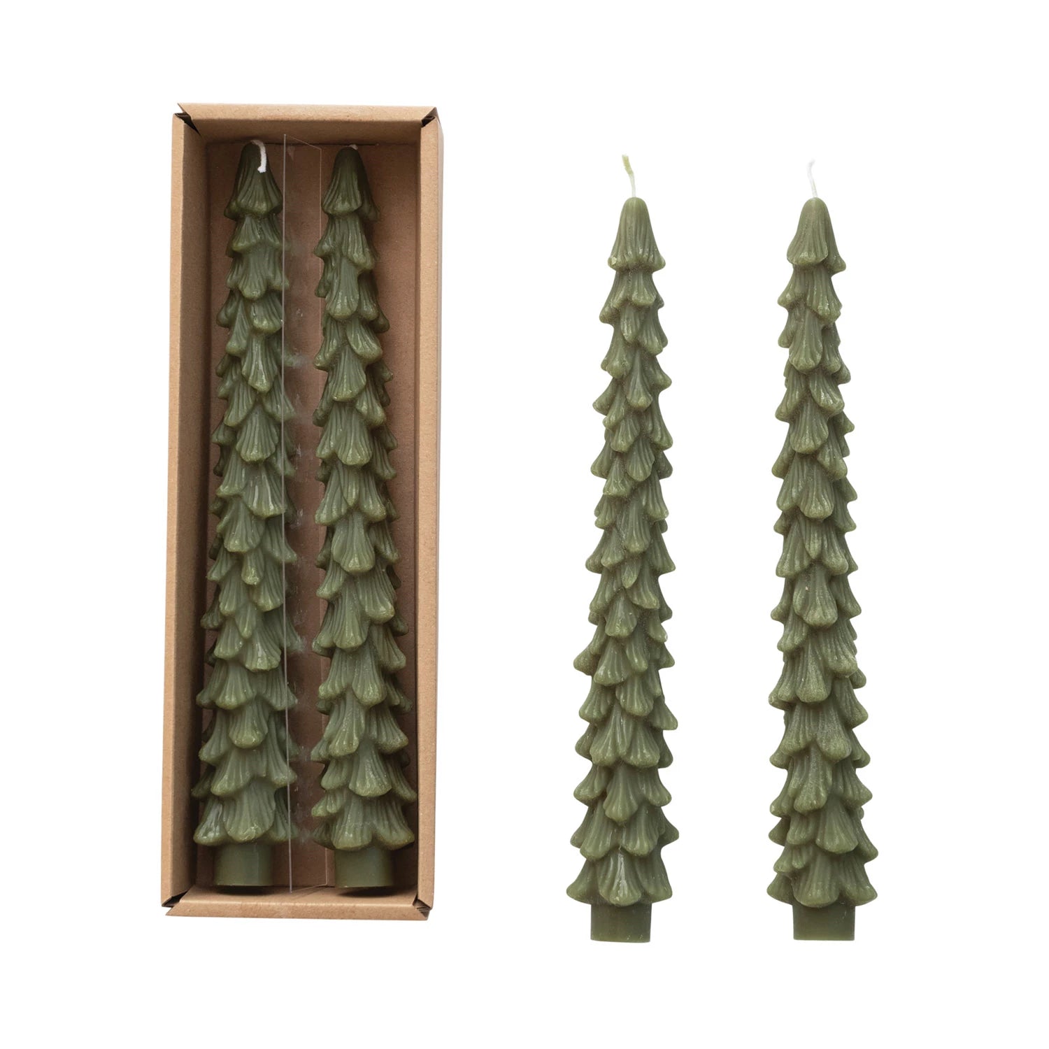 A set of two green tree-shaped taper candles in a box. 