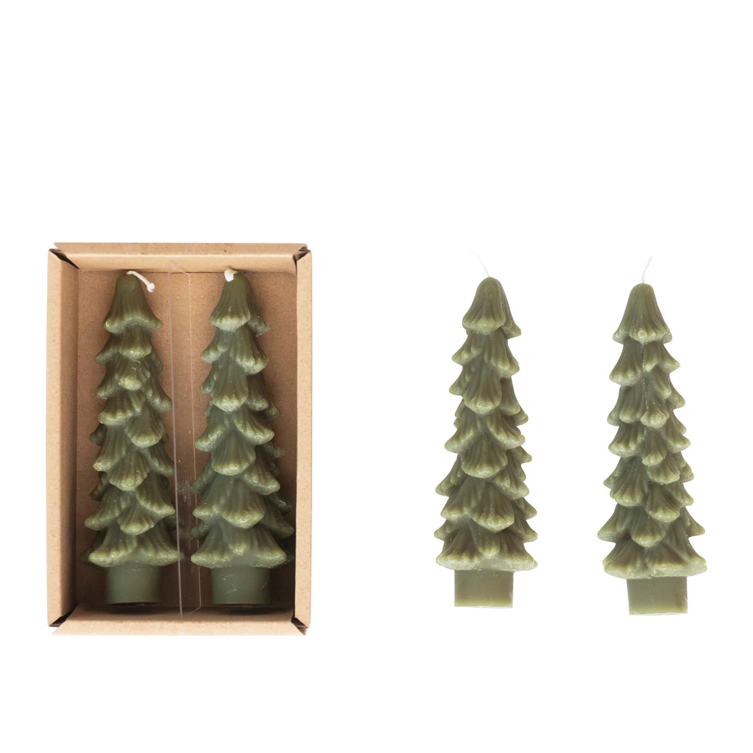 A set of two green tree-shaped taper candles in a box. 