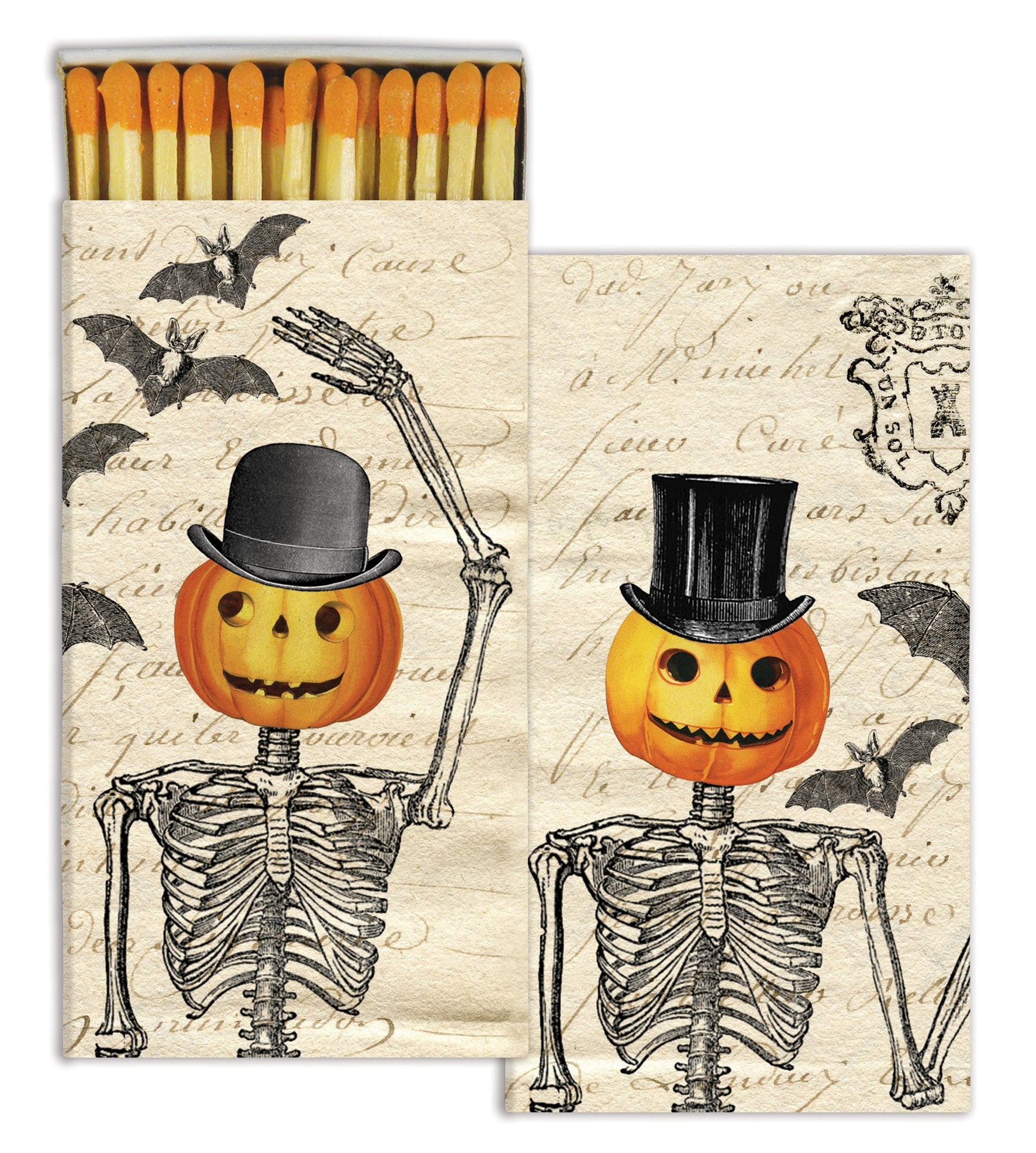 Box of matches printed with a skeleton body and pumpkin head with top hat on. Match tips are orange