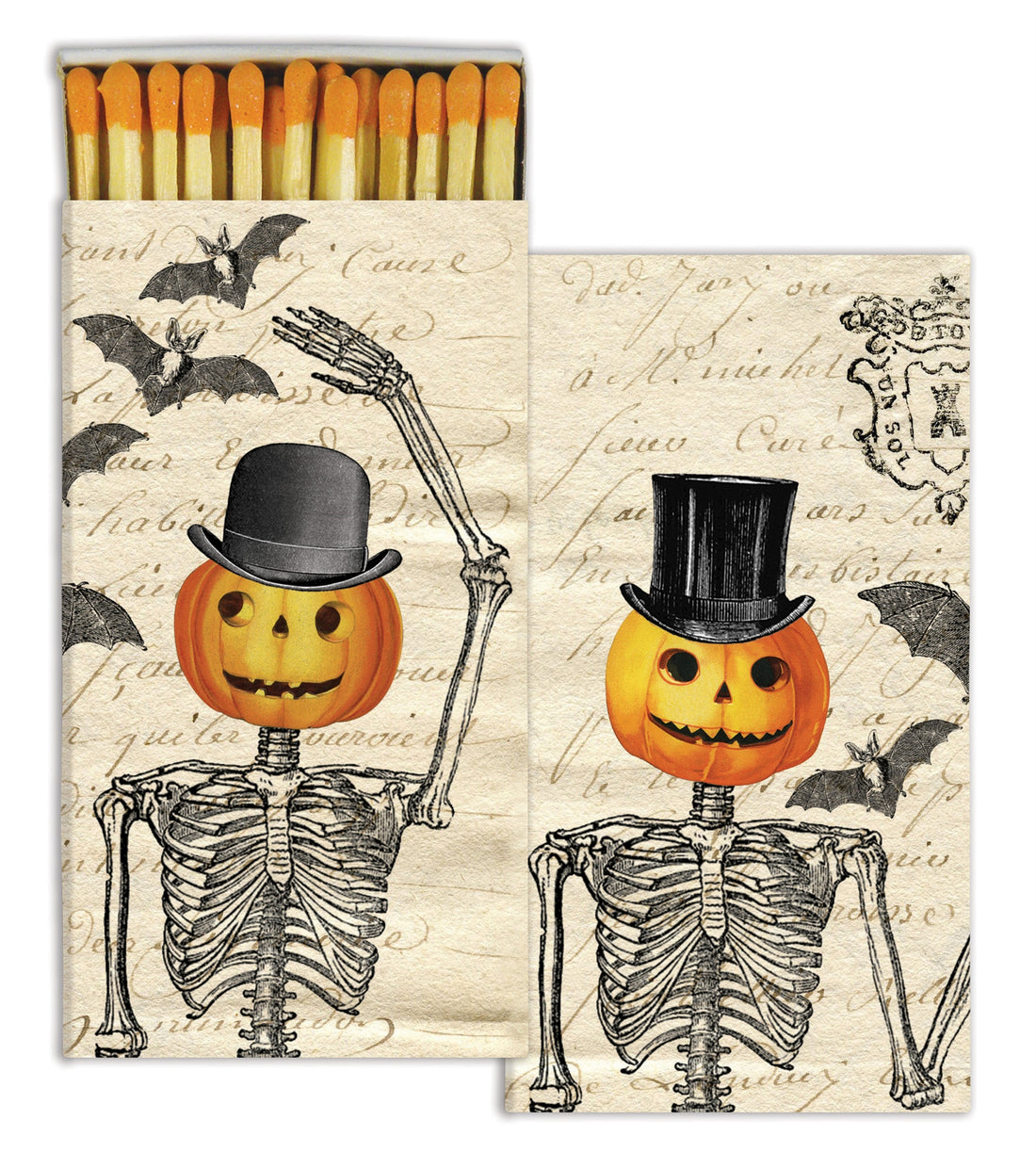 Box of matches printed with a skeleton body and pumpkin head with top hat on.  Match tips are orange