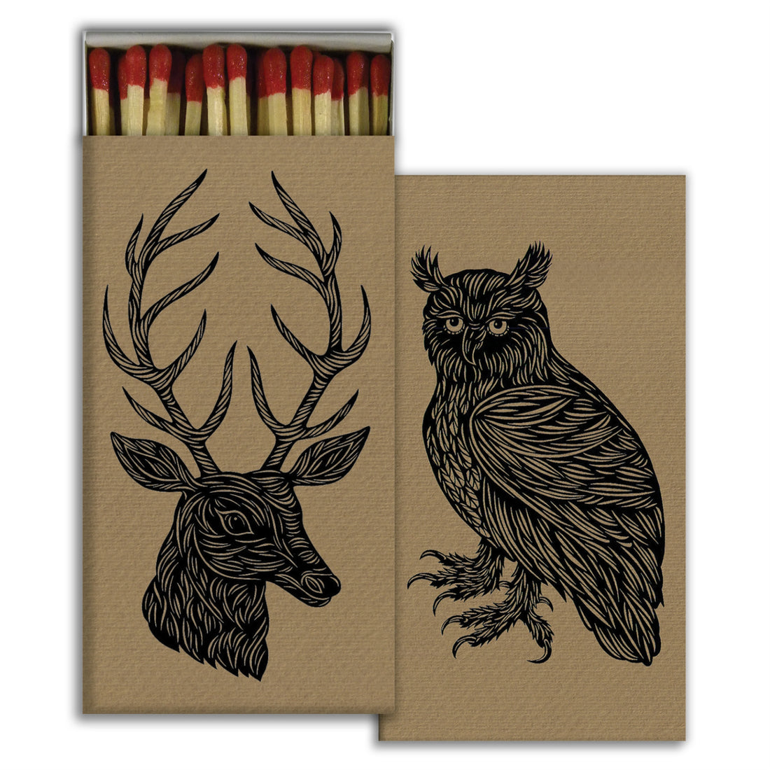 Both sides of a matchbox with woodcut designs, one depicting a deer and the other an owl, in beige color.