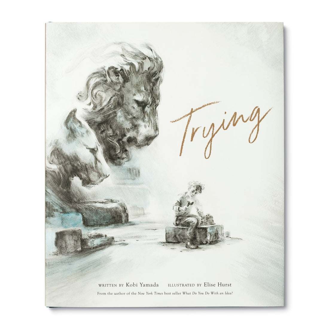 Book cover illustration showing a lion statue with a small child sitting nearby, depicted in black-and-white illustrations, and the title "Trying" by Compendium written in cursive.