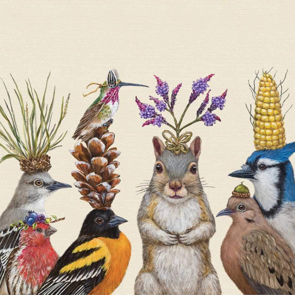 A whimsical illustration by Vicki Sawyer of various animals wearing plant hats, including a hummingbird, birds, and a squirrel on Paper Products Design Party Snacks Beverage Napkins.