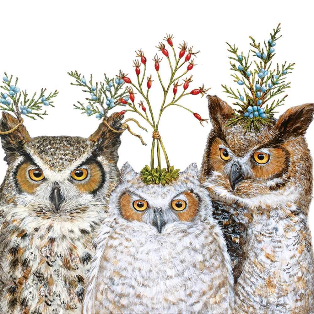 Cocktail napkin featuring artwork by Vicki Sawyer of 3 owls. 