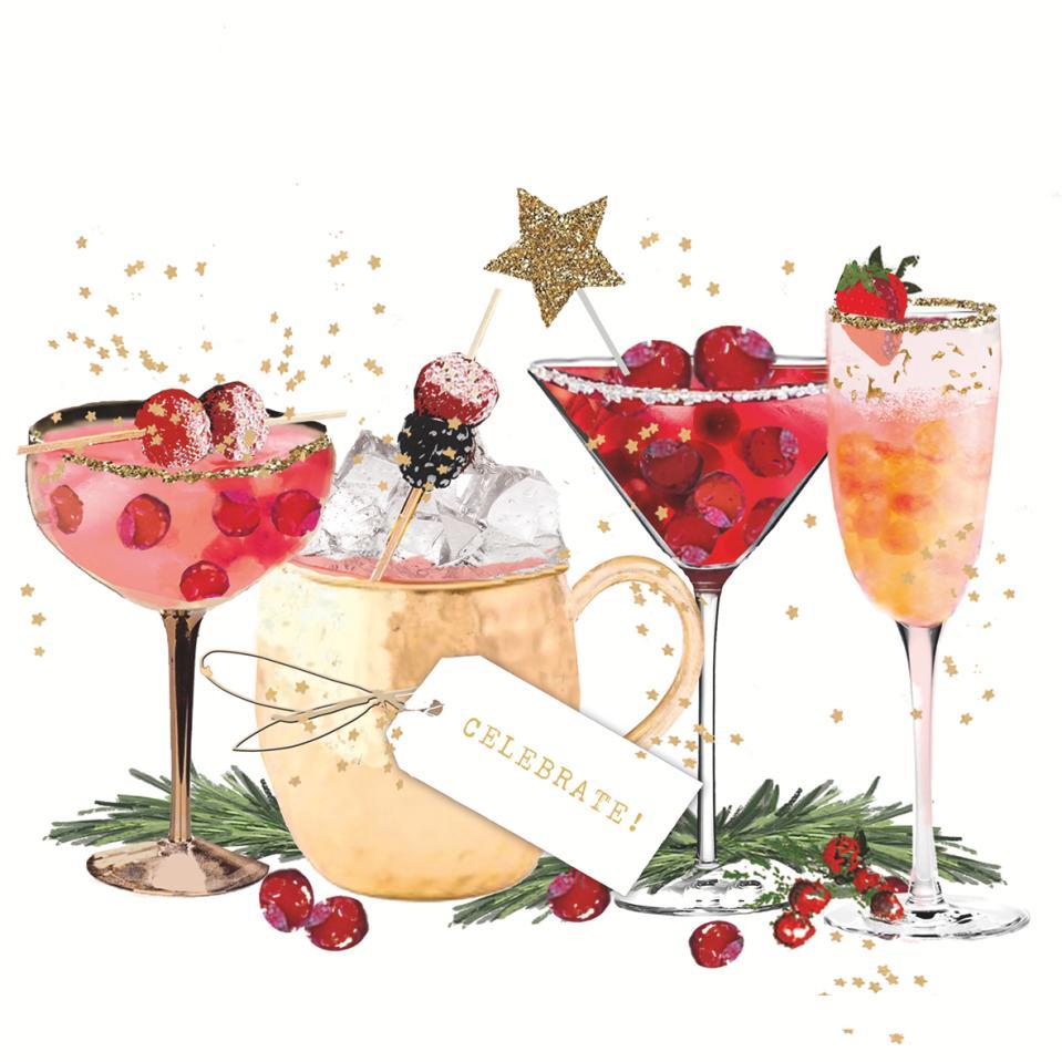 Cocktail napkins with artwork showing 4 various cocktail glasses containing seasonal drinks.