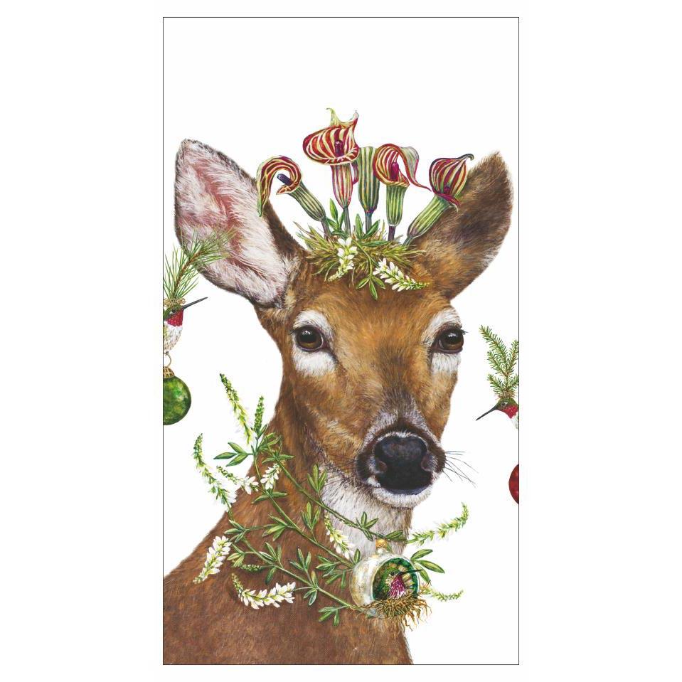 Guest towel paper napkin with artwork by Vicki Sawyer printed on it of a deer. 