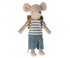 A Maileg Tricycle Mouse, Big Brother with Bag wearing a striped shirt and carrying a school backpack.
