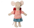 A Tricycle Mouse, Big Sister with Bag wearing a kindergarten dress by Maileg.