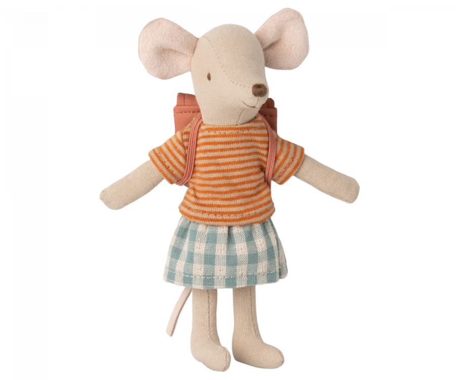 A Tricycle Mouse, Big Sister with Bag wearing a kindergarten dress by Maileg.