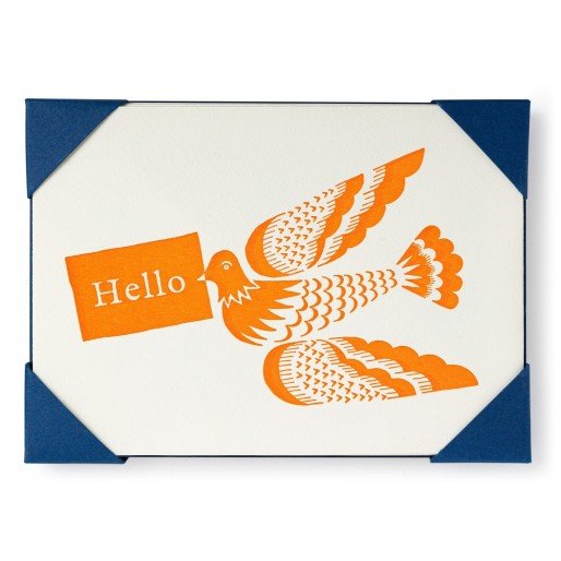 A greeting card designed by Archivist Gallery, featuring an orange dove and the word "hello," from the Ariana Hello Bird Set of 5 Cards.