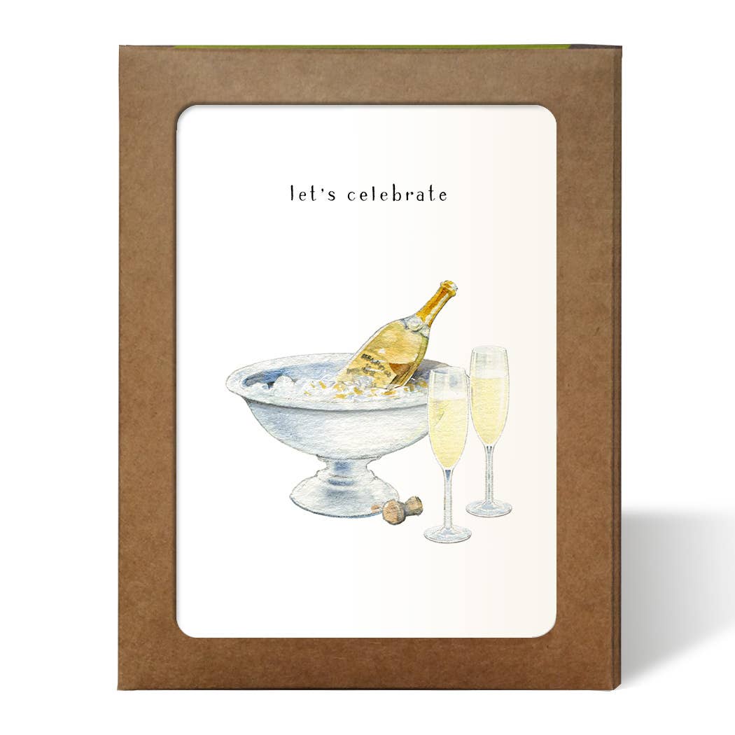 Champagne and Flutes Set of 8 Cards in a kraft box, with "let&