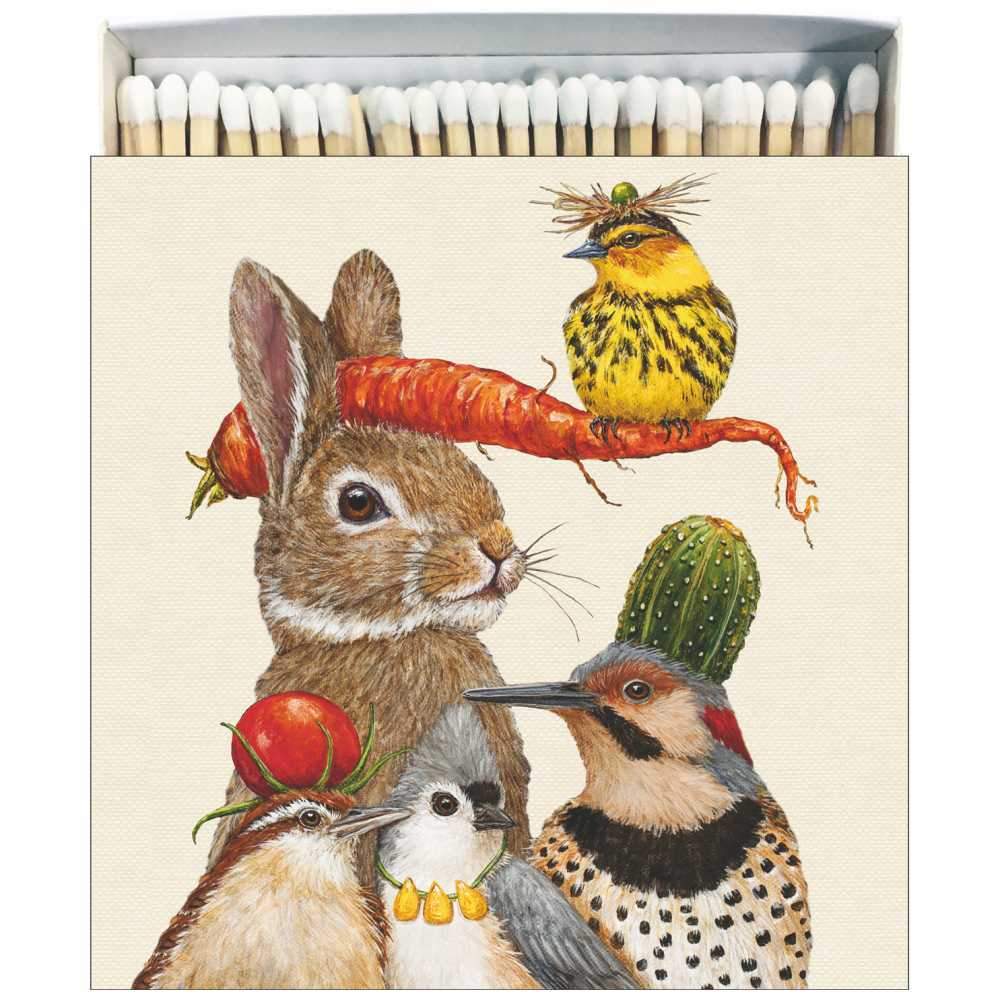A box of matches featuring animal artwork by Vicki Sawyer. 