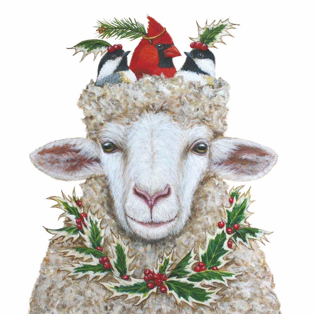 Cocktail napkin featuring artwork by Vicki Sawyer depicting a lamb with 3 birds on its head with holiday greenery around them. 