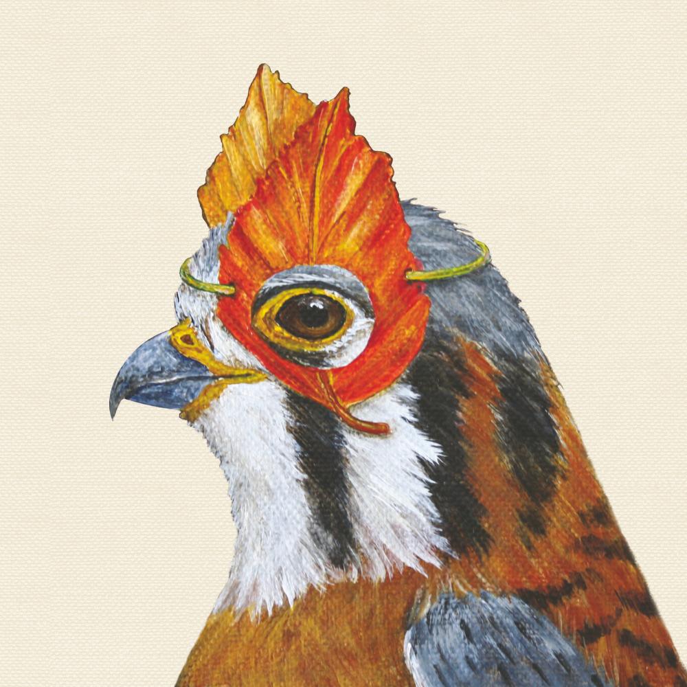 Cocktail Napkin featuring artwork by Vicki Sawyer of a bird wearing feathers as a mask.