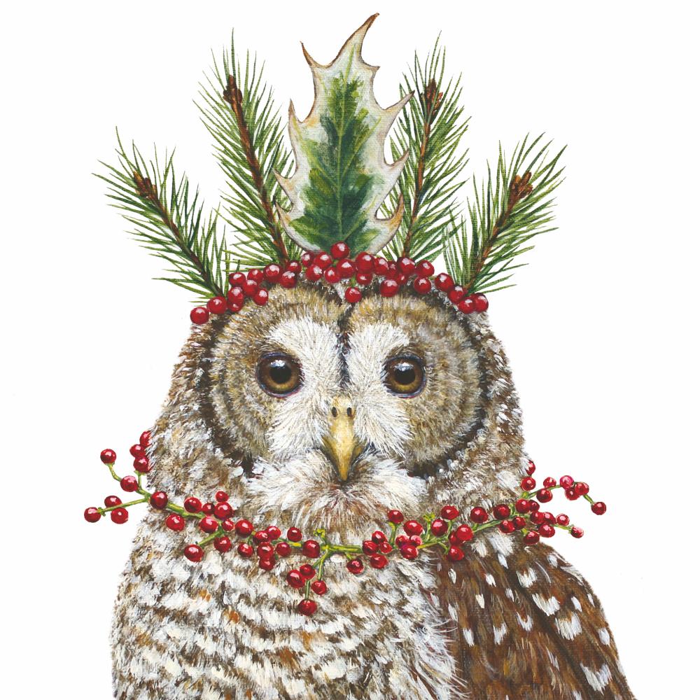 Cocktail napkin with artwork by Vicki Sawyer of an owl printed on it. 