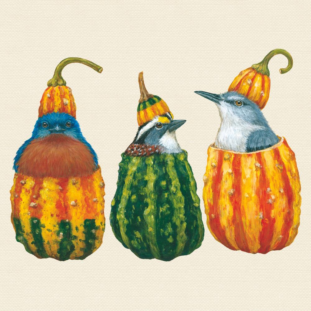 Cocktail napkin featuring artwork by Vicki Sawyer depicting 3 birds in 3 assorted gourds. 