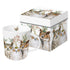 A ceramic mug with a Christmas-themed design of owls and holiday foliage, presented in a matching decorative gift box. Art by Vicki Sawyer. 