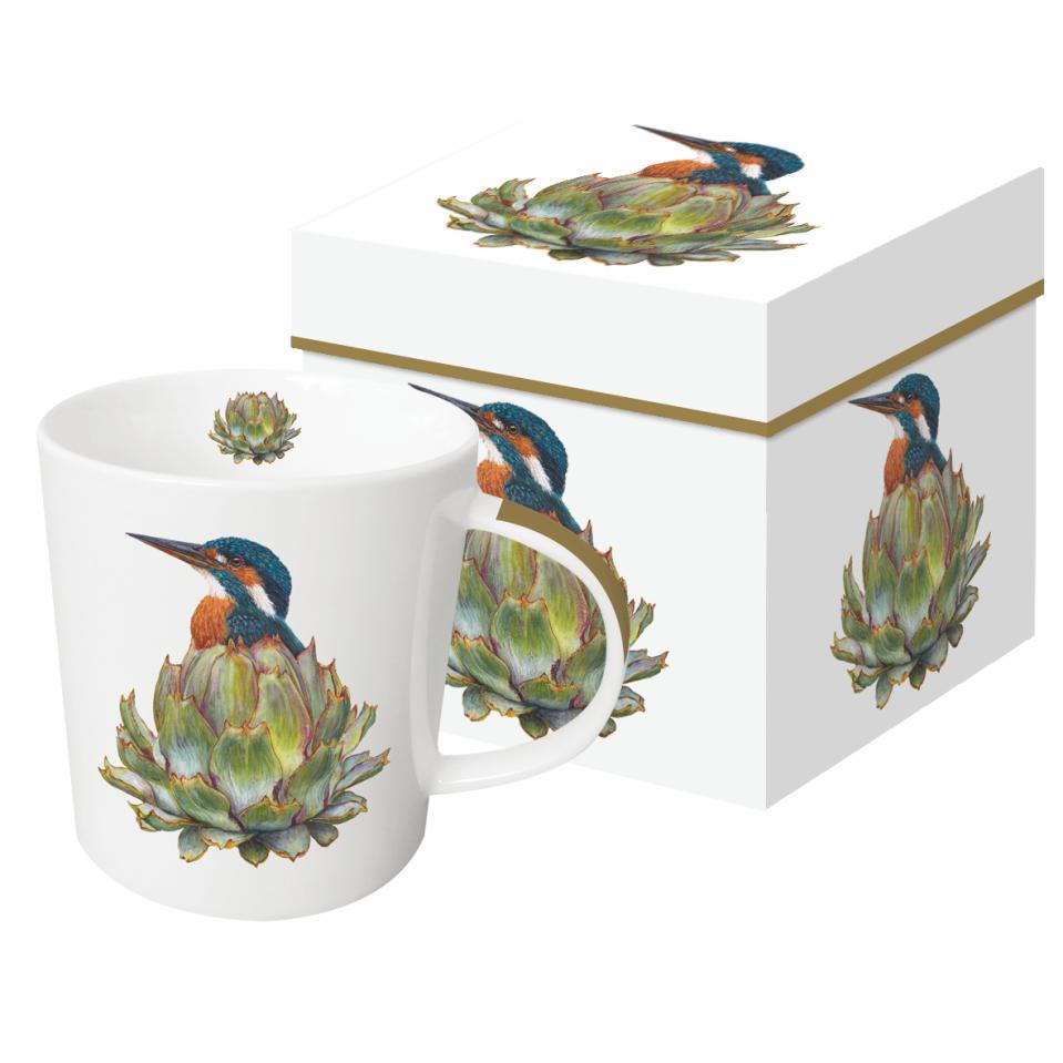 Ceramic mug featuring artwork by Vicki Sawyer depicting a bird in an artichoke.