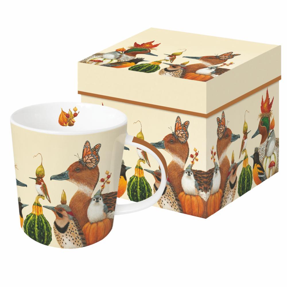 Mug featuring artwork by Vicki Sawyer depicting various birds with butterflies and autumnal items on it with a corresponding box behind it. 