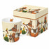 Mug featuring artwork by Vicki Sawyer depicting various birds with butterflies and autumnal items on it with a corresponding box behind it. 
