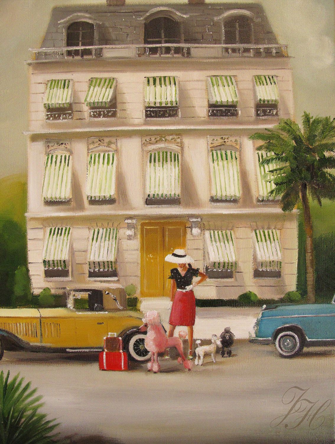 Artwork by Janet Hill depicting the outside of a hotel with green stripe awnings over the windows and a yellow sports car in front with a woman holding several dogs.