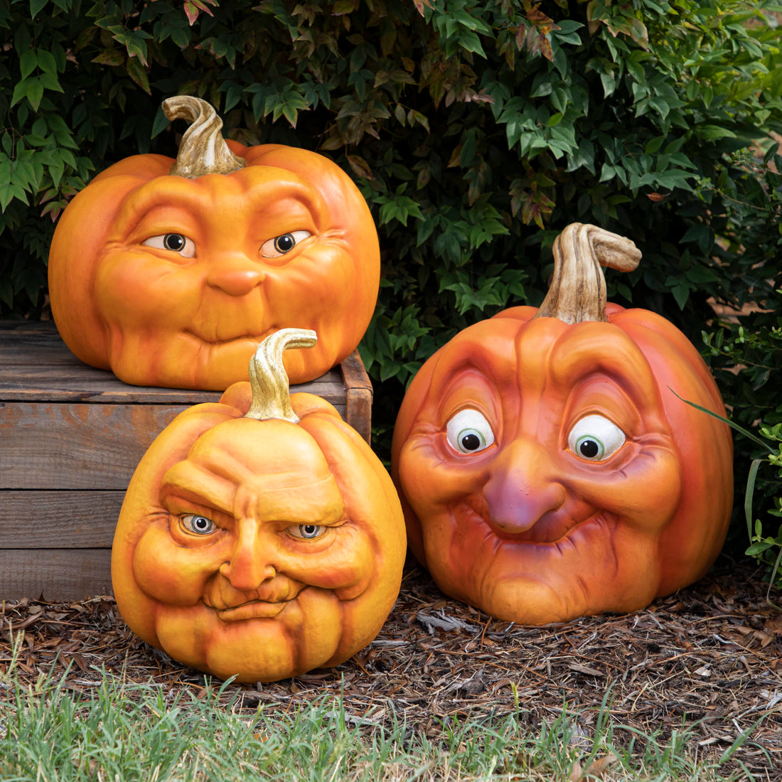 Three resin pumpkins with assorted faces on them.