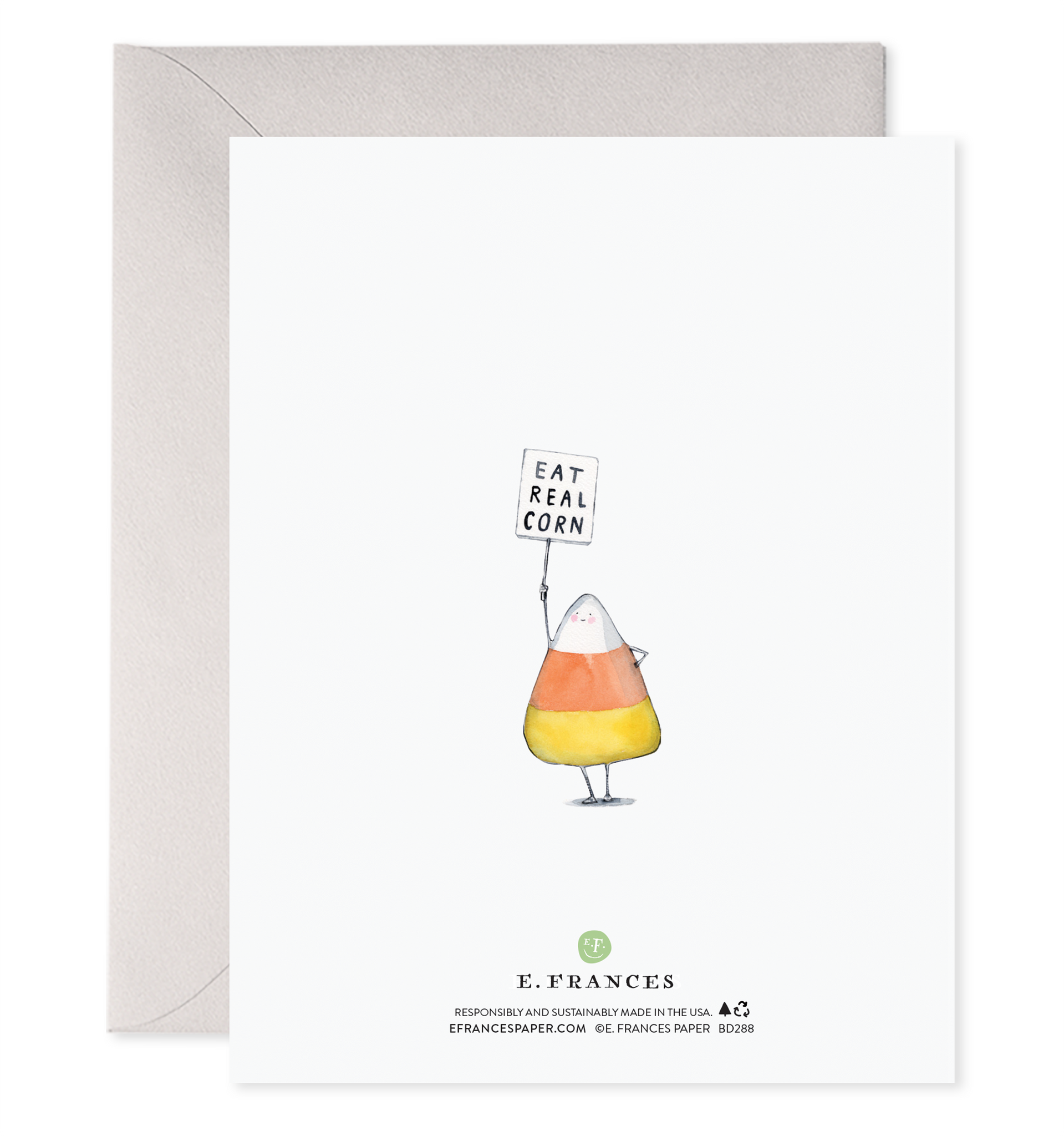 Cartoon vegetables and E. Frances Veggie Strike card sweets with humorous slogans on a birthday card.