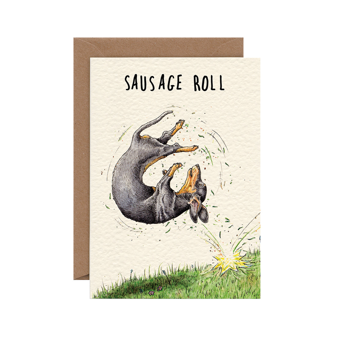 A funny illustration of a dachshund tumbling down a grassy hill, under the caption "Sausage Roll".