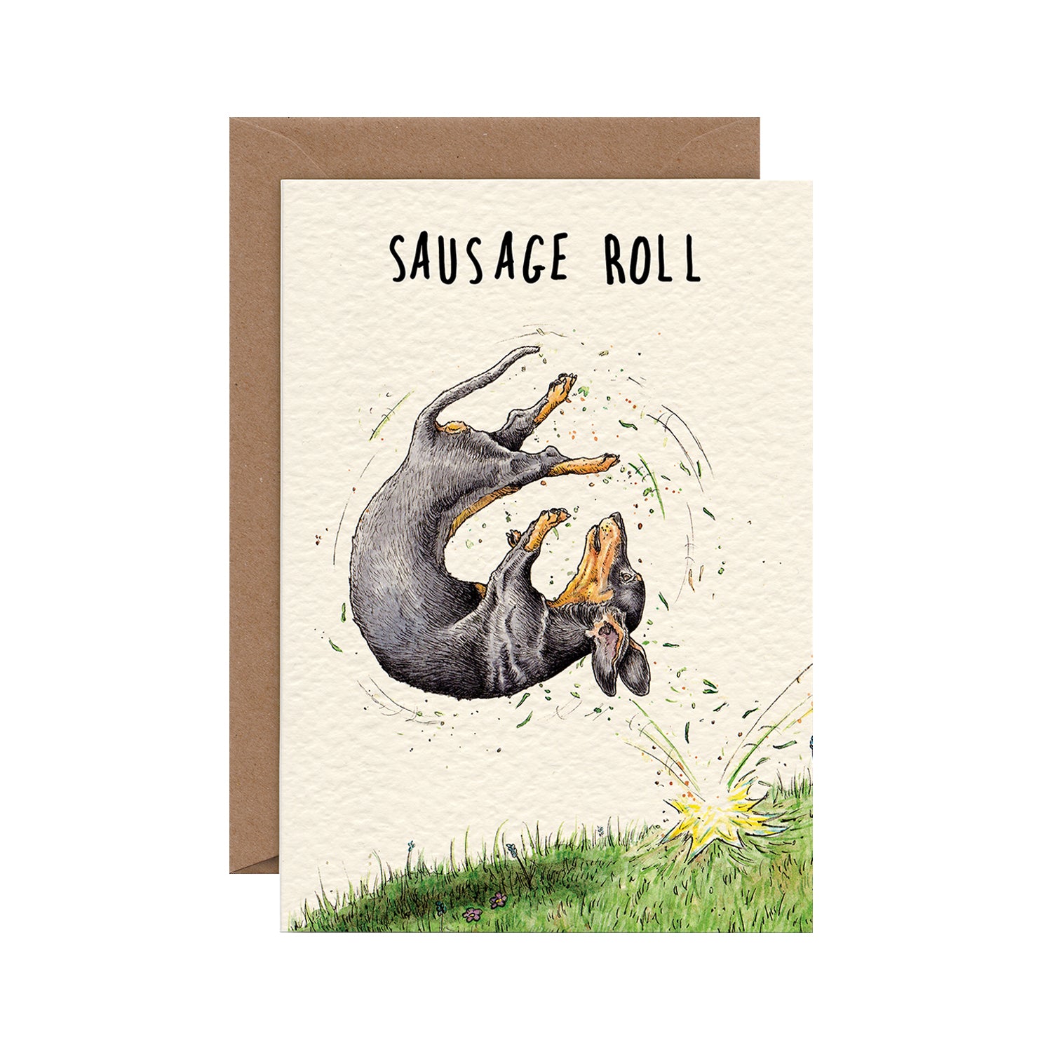 A funny illustration of a dachshund tumbling down a grassy hill, under the caption "Sausage Roll".