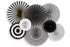 A collection of black and white patterned party fans laid out on a white surface.