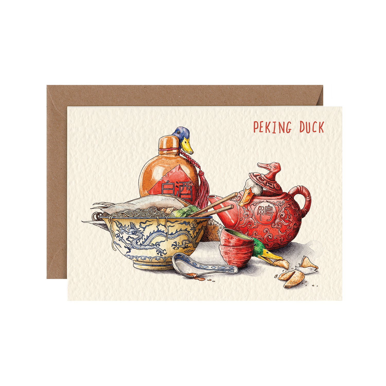 A cream card featuring ink and watercolor artwork of a meal of Chinese food in a traditional bowl with a red teapot, with the faces of two ducks peeking from behind the dishes, under the caption "Peking Duck".